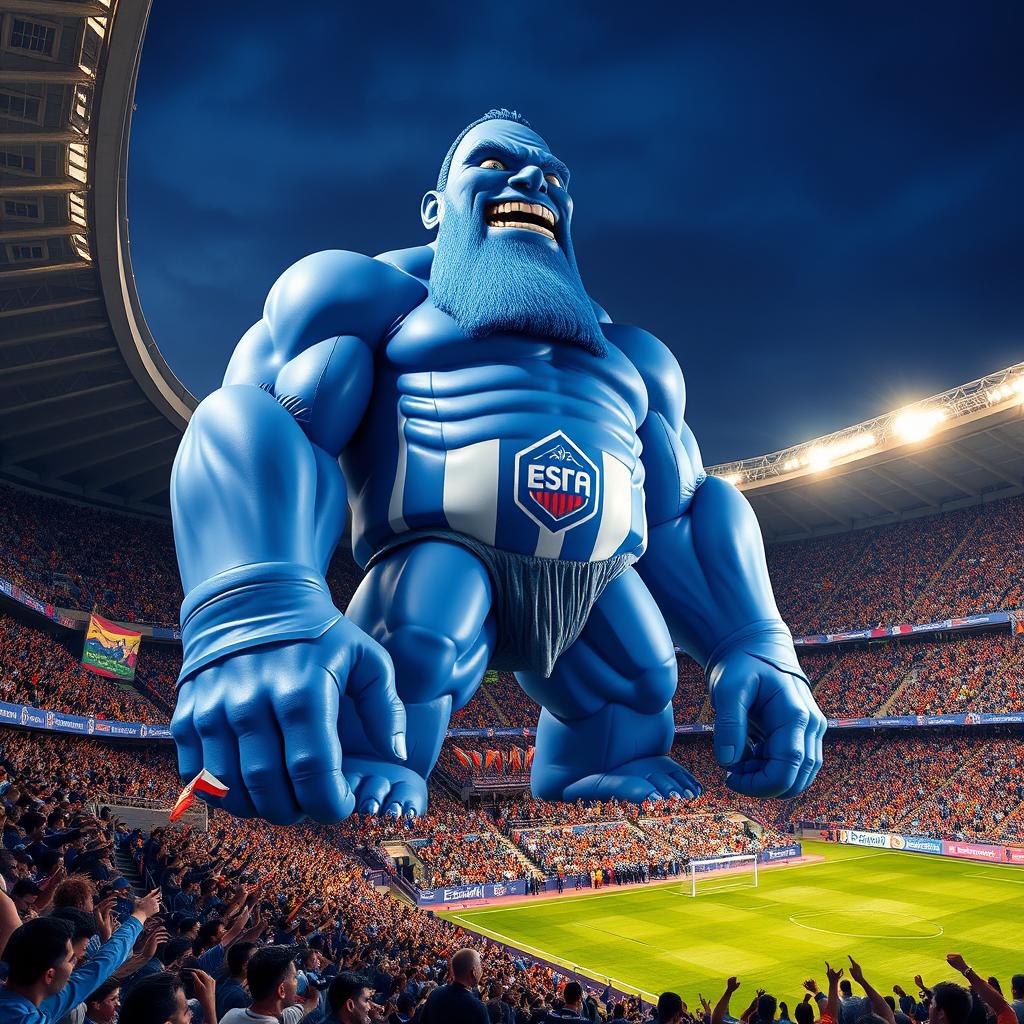 A majestic blue giant towering over a vibrant football stadium filled with cheering fans