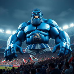 A majestic blue giant towering over a vibrant football stadium filled with cheering fans