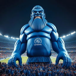A majestic blue giant towering over a vibrant football stadium filled with cheering fans