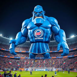 A majestic blue giant towering over a vibrant football stadium filled with cheering fans