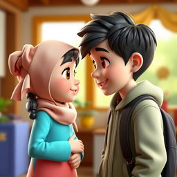 An artistic 3D illustration featuring an 8-year-old girl with a cute face and a scarf on her head, engaging in conversation with an 8-year-old boy