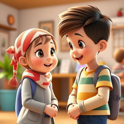 An artistic 3D illustration featuring an 8-year-old girl with a cute face and a scarf on her head, engaging in conversation with an 8-year-old boy