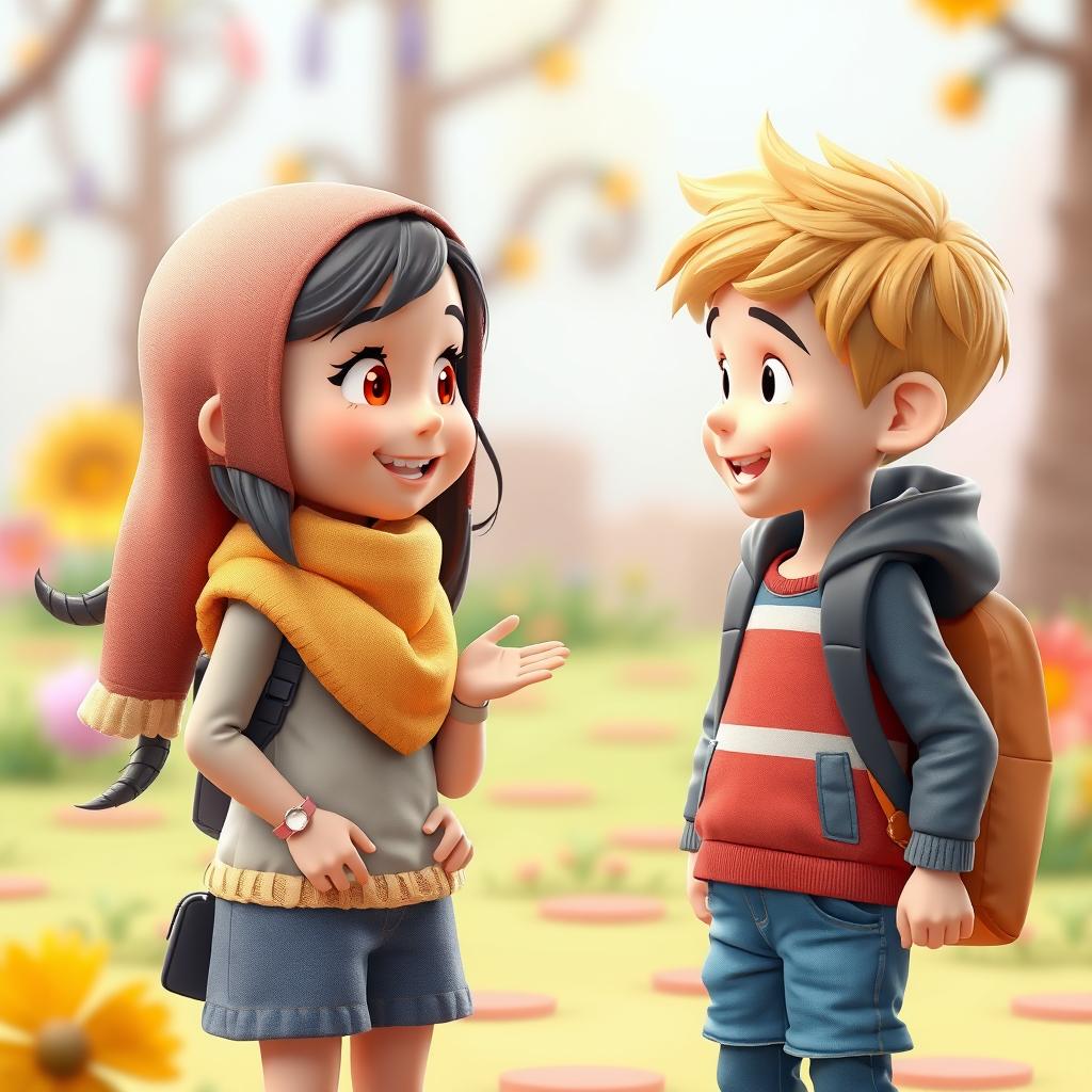 An artistic 3D illustration featuring an 8-year-old girl with a cute face and a scarf on her head, engaging in conversation with an 8-year-old boy