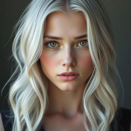 A beautiful young woman with wavy, almost white hair that has a white-gray hue, gently falling over her shoulders
