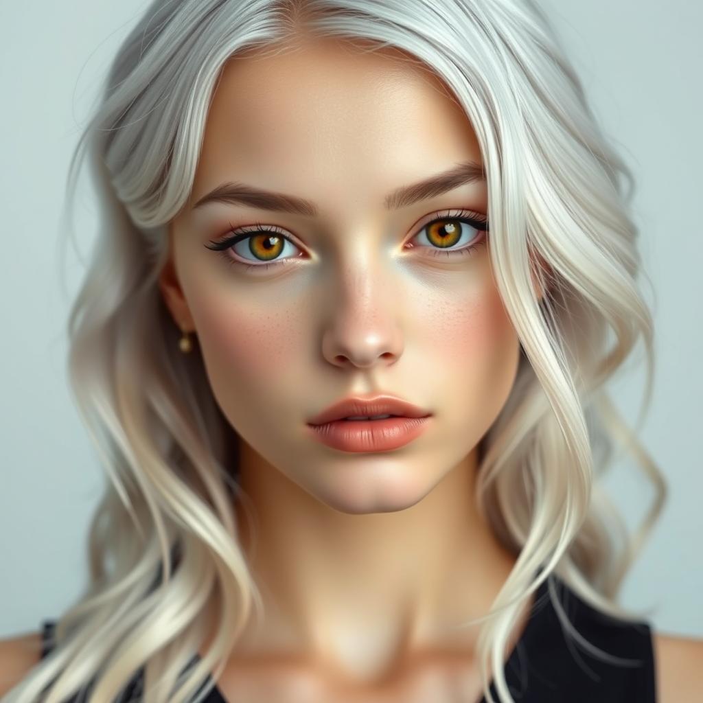 A beautiful young woman with wavy, almost white hair that has a white-gray hue, gently falling over her shoulders