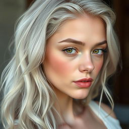 A beautiful young woman with wavy, almost white hair that has a white-gray hue, gently falling over her shoulders