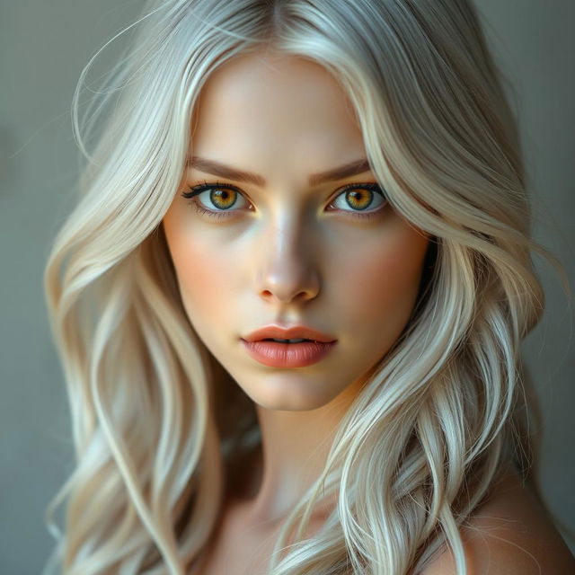 A beautiful young woman with wavy, almost white hair that has a white-gray hue, gently falling over her shoulders