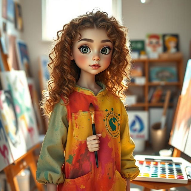 A tall artist girl with curly long light brown hair and big black eyes, dressed in a vibrant, paint-splattered smock