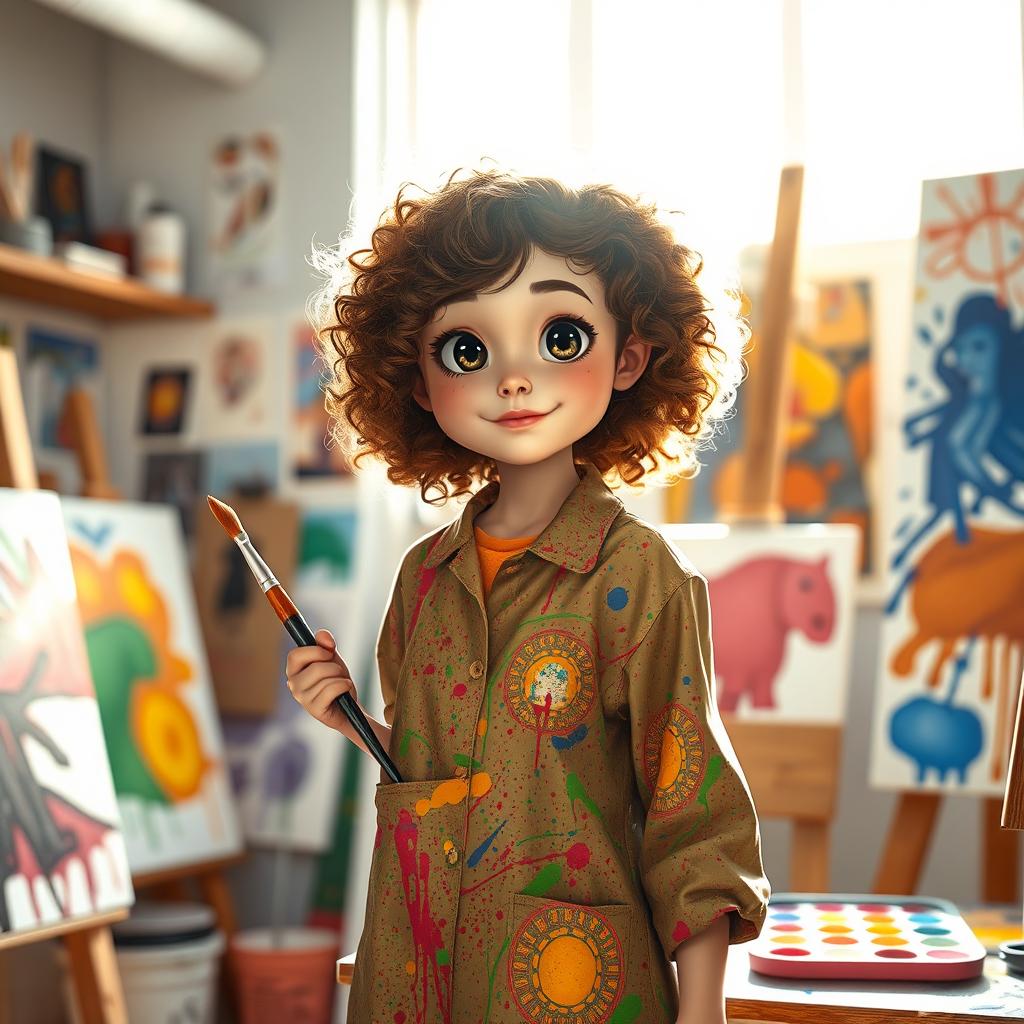 A tall artist girl with curly long light brown hair and big black eyes, dressed in a vibrant, paint-splattered smock