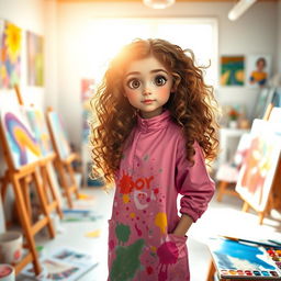 A tall artist girl with curly long light brown hair and big black eyes, dressed in a vibrant, paint-splattered smock