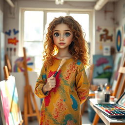 A tall artist girl with curly long light brown hair and big black eyes, dressed in a vibrant, paint-splattered smock