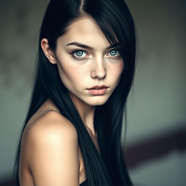 A striking young woman with dark, almost black hair that is straight and shiny, cascading down to her waist