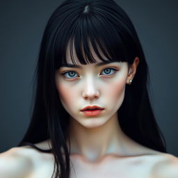 A striking young woman with dark, almost black hair that is straight and shiny, cascading down to her waist