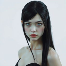 A striking young woman with dark, almost black hair that is straight and shiny, cascading down to her waist