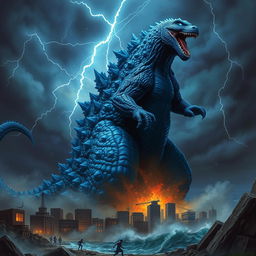 A striking blue Godzilla towering over a cityscape, its scales shimmering with hues of deep ocean blue and electric blue highlights