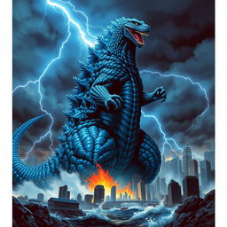 A striking blue Godzilla towering over a cityscape, its scales shimmering with hues of deep ocean blue and electric blue highlights