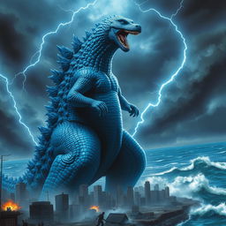 A striking blue Godzilla towering over a cityscape, its scales shimmering with hues of deep ocean blue and electric blue highlights