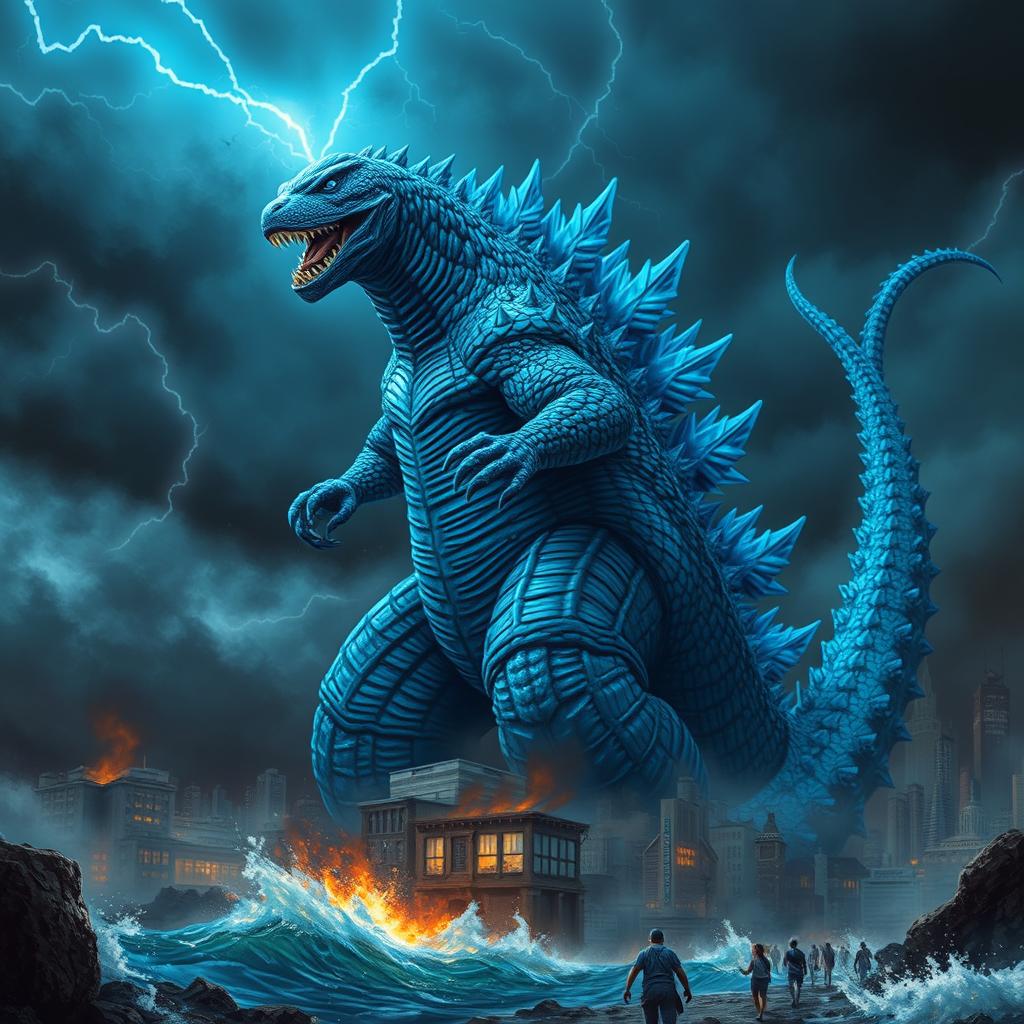 A striking blue Godzilla towering over a cityscape, its scales shimmering with hues of deep ocean blue and electric blue highlights