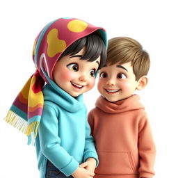 A charming artistic 3D view of an 8-year-old girl wearing a colorful scarf on her head, with a cute and expressive face