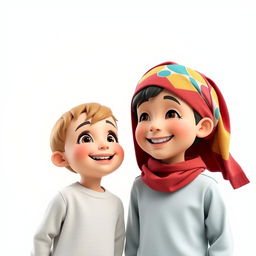 A charming artistic 3D view of an 8-year-old girl wearing a colorful scarf on her head, with a cute and expressive face