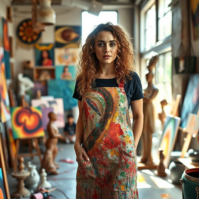 A tall female artist with curly long light brown hair and big black expressive eyes, standing in a creative studio filled with vibrant art pieces