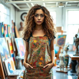 A tall female artist with curly long light brown hair and big black expressive eyes, standing in a creative studio filled with vibrant art pieces