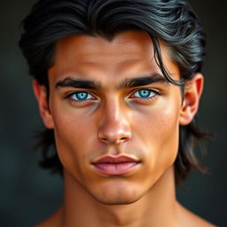 A young man, around 20-21 years old, with dark hair that is almost black, featuring a subtle blue sheen and slightly wavy, reaching shoulder length