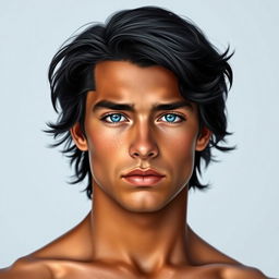 A young man, around 20-21 years old, with dark hair that is almost black, featuring a subtle blue sheen and slightly wavy, reaching shoulder length