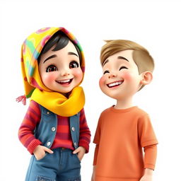 A charming 3D artistic rendering of an 8-year-old girl wearing a colorful scarf on her head, with an adorable face radiating joy