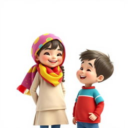 A charming 3D artistic rendering of an 8-year-old girl wearing a colorful scarf on her head, with an adorable face radiating joy