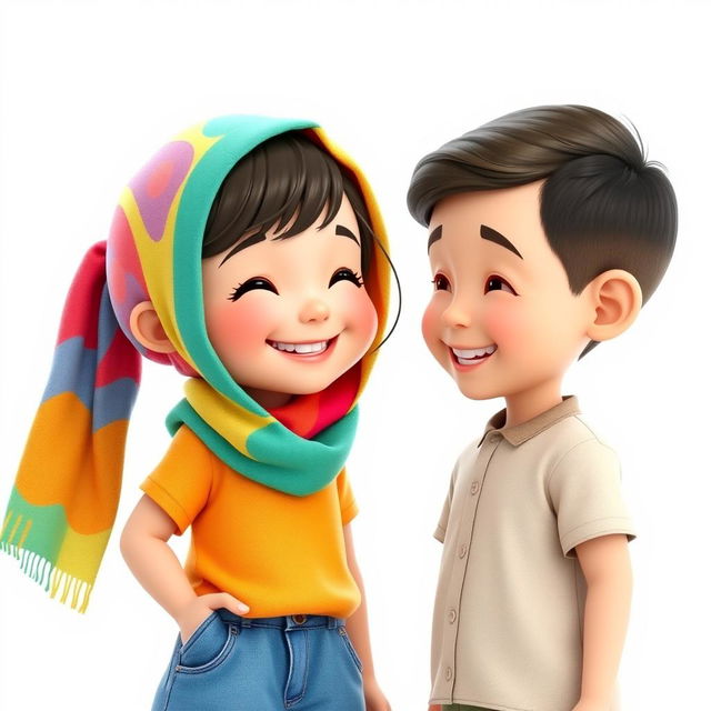 A charming 3D artistic rendering of an 8-year-old girl wearing a colorful scarf on her head, with an adorable face radiating joy