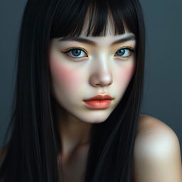 A captivating young woman with dark, nearly black hair that is straight and glossy, cascading down to her waist, creating a striking contrast with her pale skin