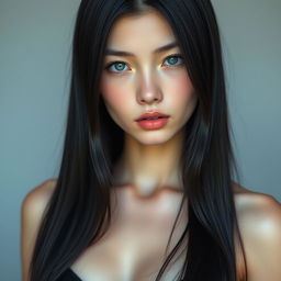 A captivating young woman with dark, nearly black hair that is straight and glossy, cascading down to her waist, creating a striking contrast with her pale skin