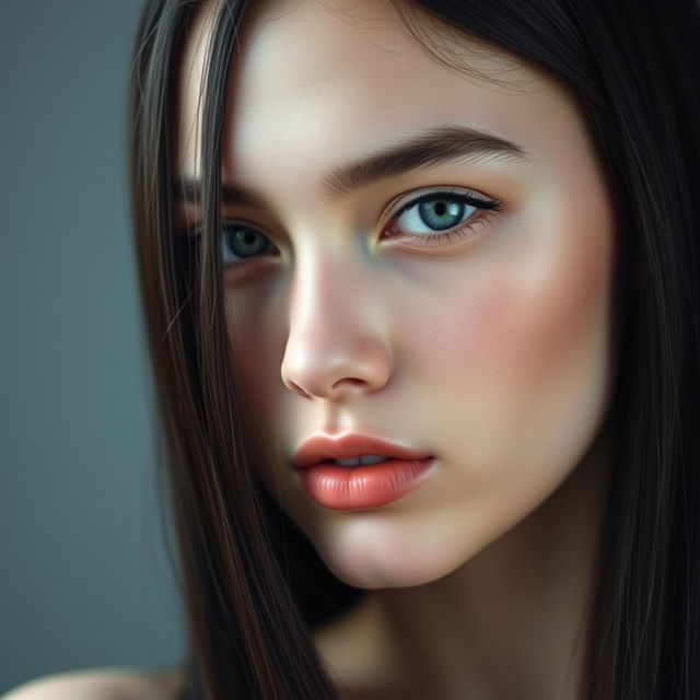 A captivating young woman with dark, nearly black hair that is straight and glossy, cascading down to her waist, creating a striking contrast with her pale skin