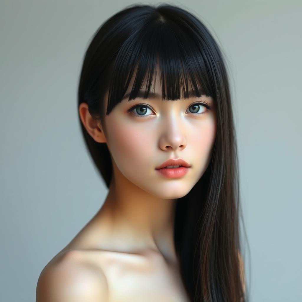 A captivating young woman with dark, nearly black hair that is straight and glossy, cascading down to her waist, creating a striking contrast with her pale skin