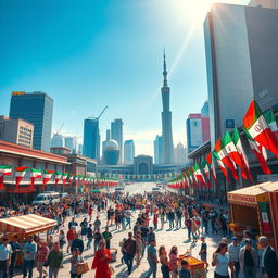 A futuristic cityscape of Tehran in 2025, showcasing a vibrant atmosphere celebrating freedom with the Pahlavi king