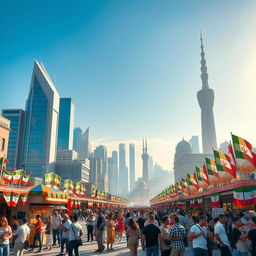 A futuristic cityscape of Tehran in 2025, showcasing a vibrant atmosphere celebrating freedom with the Pahlavi king