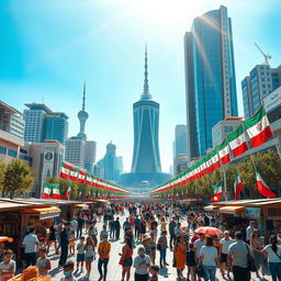 A futuristic cityscape of Tehran in 2025, showcasing a vibrant atmosphere celebrating freedom with the Pahlavi king