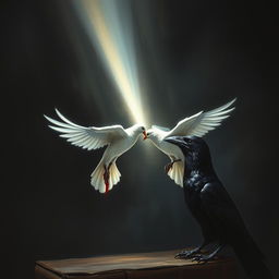A book cover featuring a dark black shadowy background with a beam of light emanating from a bleeding dove