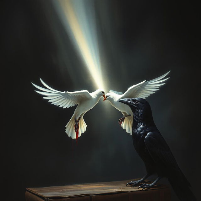 A book cover featuring a dark black shadowy background with a beam of light emanating from a bleeding dove