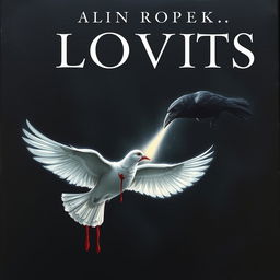 A book cover featuring a dark black shadowy background with a beam of light emanating from a bleeding dove