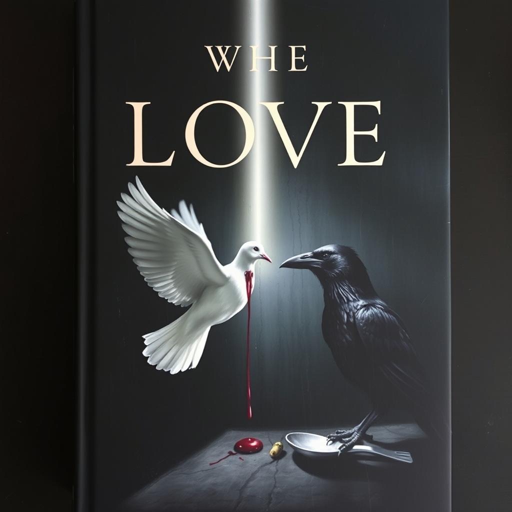 A book cover featuring a dark black shadowy background with a beam of light emanating from a bleeding dove