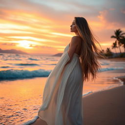 A beautiful woman with long flowing hair standing on a beach at sunset, wearing a flowing white dress that catches the golden light