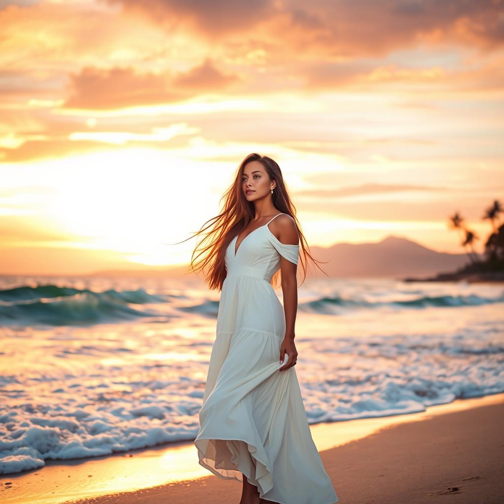 A beautiful woman with long flowing hair standing on a beach at sunset, wearing a flowing white dress that catches the golden light