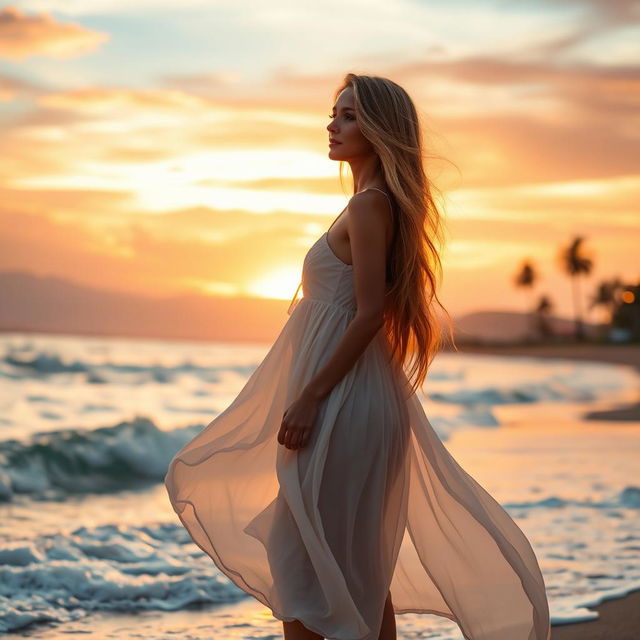 A beautiful woman with long flowing hair standing on a beach at sunset, wearing a flowing white dress that catches the golden light