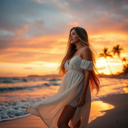 A beautiful woman with long flowing hair standing on a beach at sunset, wearing a flowing white dress that catches the golden light