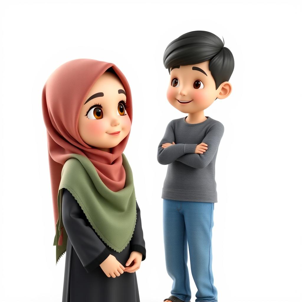 A 3D artistic representation of a girl, approximately 8 years old, with a cute face, wearing a colorful hijab that elegantly wraps around her head