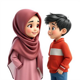 A 3D artistic representation of a girl, approximately 8 years old, with a cute face, wearing a colorful hijab that elegantly wraps around her head
