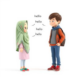 A 3D artistic representation of a girl, approximately 8 years old, with a cute face, wearing a colorful hijab that elegantly wraps around her head
