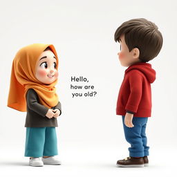 An artistic 3D view of a girl with a cute face, wearing a colorful hijab and standing, engaged in a conversation with a boy who is 10 years old